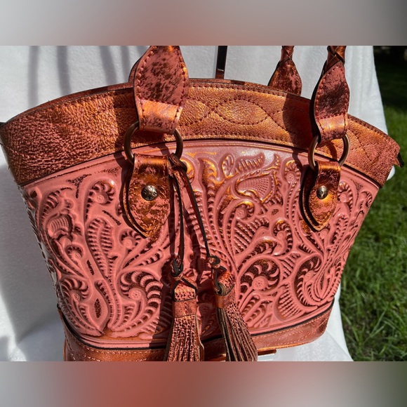 Patricia Nash Zorita Satchel Metallic Burnished Tooled Leather Purse - Picture 3 of 14